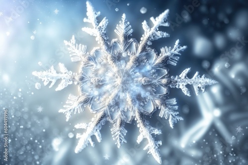 single snowflake on a vibrant blue background Generative AI © AkuAku