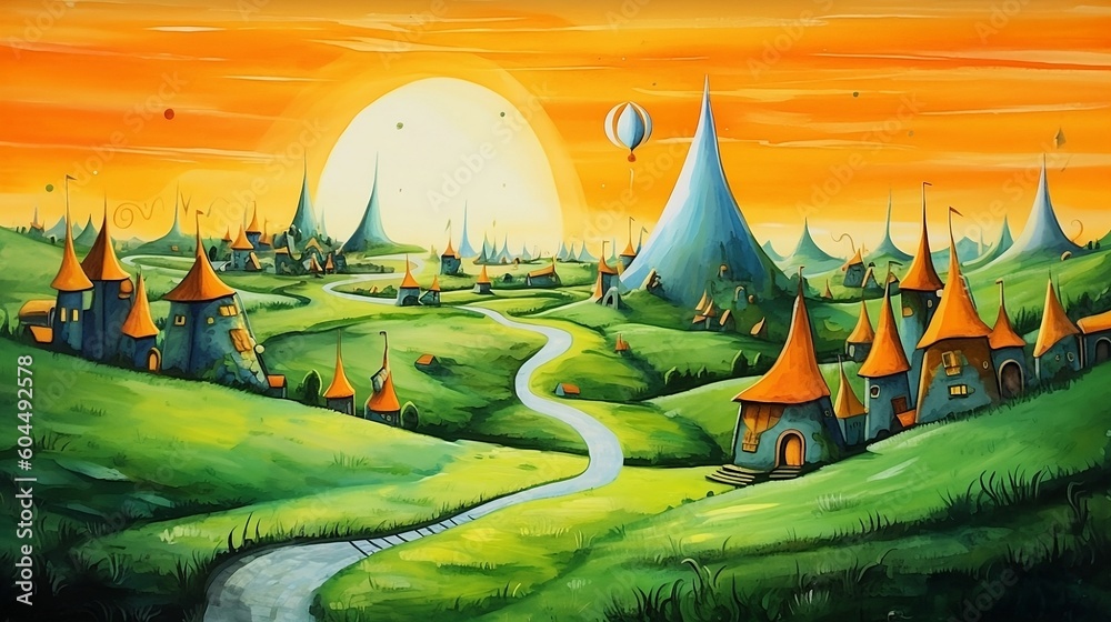 a sunny landscape of fantasy villages with triangular houses 