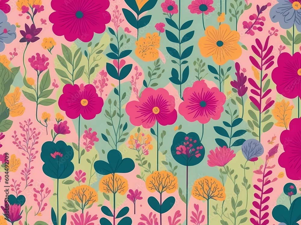 Seamless patterns of colorful flowers and trees. Generative ai.