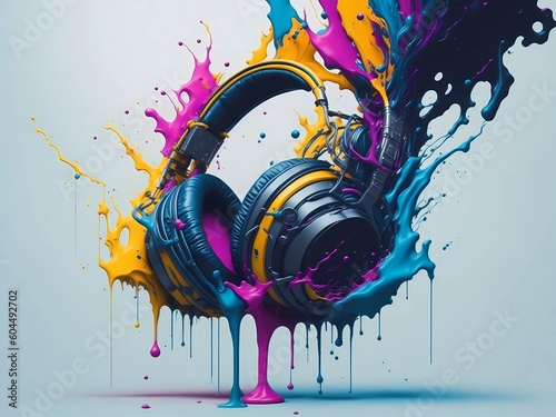 Abstract music background with music headphones with splash style of colorful paint. Oil painting and splash arts. Generative ai.
