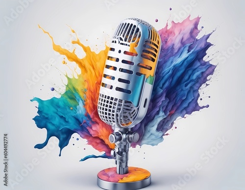 3d podcast microphone in realistic and detailed with colorful watercolor background. Generative ai.