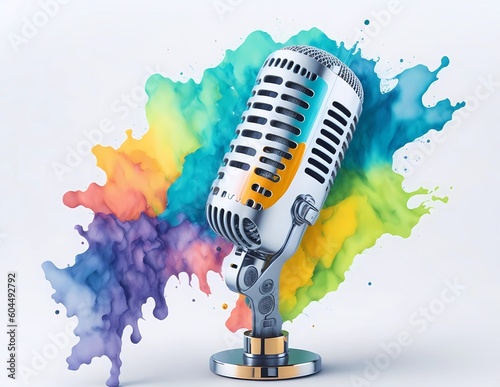 3d podcast microphone in realistic and detailed with colorful watercolor background. Generative ai.
