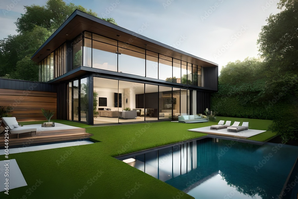 A contemporary home with a unique facade, lots of greenery, and swimming pool