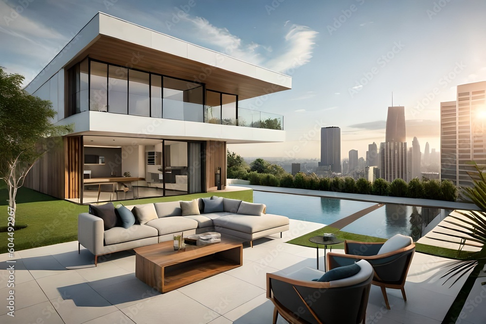 Fototapeta premium A contemporary home with a glass facade and a stunning view