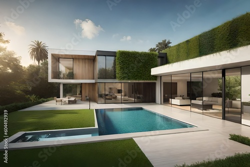 A contemporary home with a unique facade, lots of greenery, and swimming pool © Being Imaginative