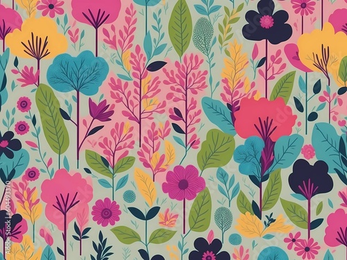 Seamless patterns of colorful flowers and trees. Generative ai.