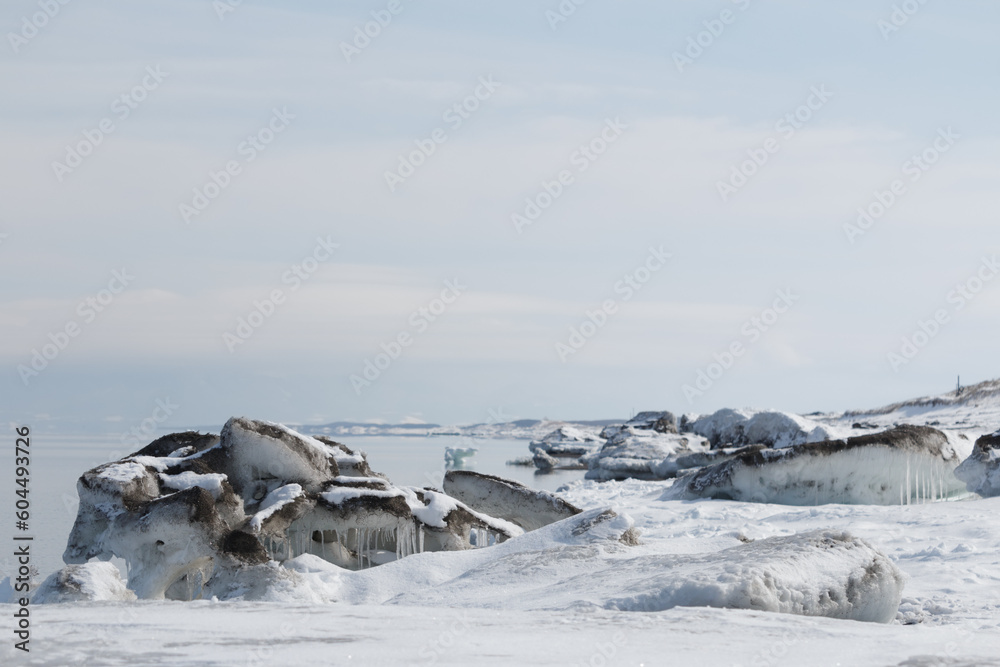 Sea ice on snowy beach in winter