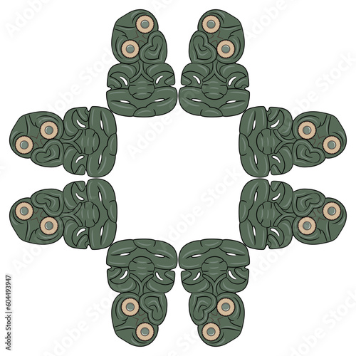 Rectangular ethnic frame or square ornament with Māori figurines. Hei-tiki pendant from New Zealand. Isolated vector illustration. photo