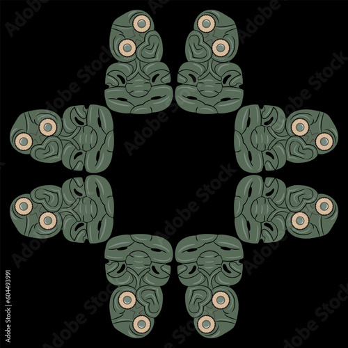 Rectangular ethnic frame or square ornament with Māori figurines. Hei-tiki pendant from New Zealand. On black background. photo
