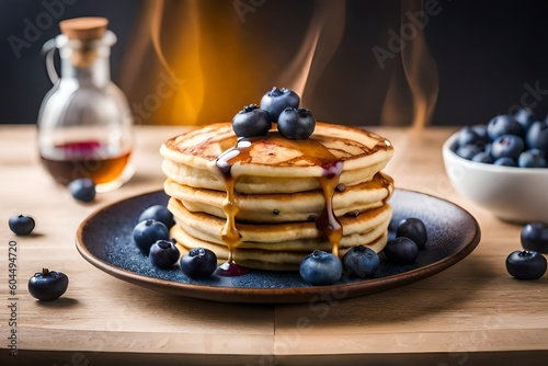 A stack of fluffy blueberry pancakes with maple syrup