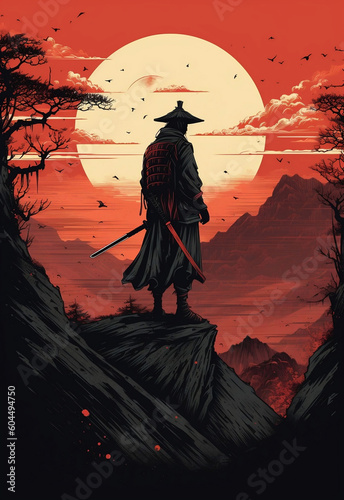 samurai standing on the top of a mountain looking at the sunset ai illustration upscaled