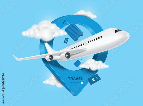 airplane, cloud, blue passport, luggage or baggage appeared and displayed in front of large pin location for travel design