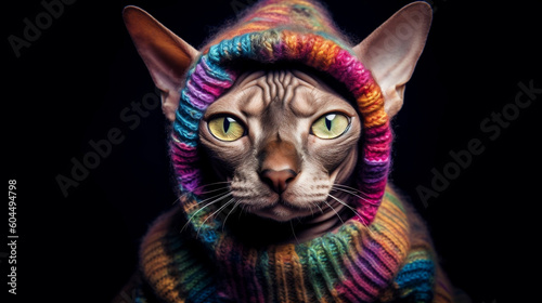 Portrait of a sphinx cat dressed in woolen clothes of various colors. .Generative AI