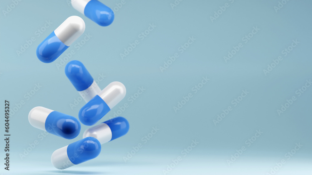 3d rendering of Falling capsule pills on color background, health care and medicine concept