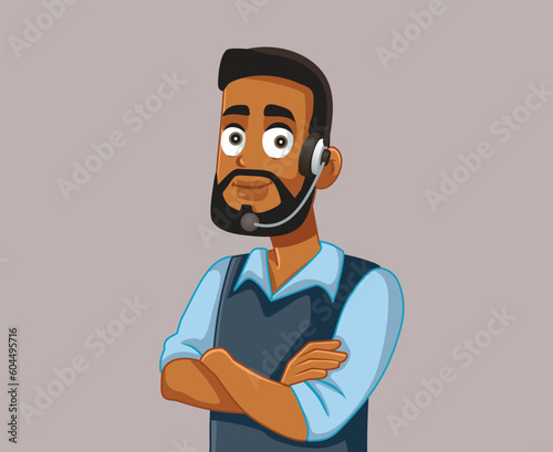 Man Wearing Headset working for a Call Center Service Vector Illustration. Receptionist agent answering customer service
