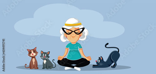 Elderly Woman relaxing Surrounded by Cats Vector Cartoon illustration. Cheerful cat loving person being surrounded by lovely playful pets
 photo