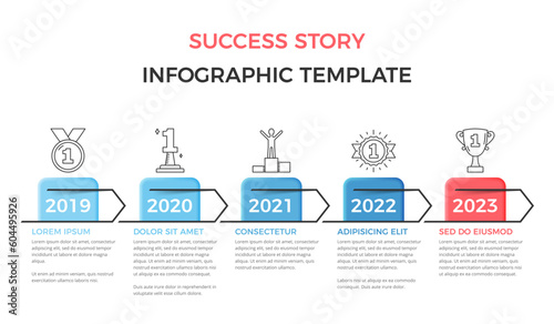 Success Story - timeline infographics with five elemenets with success line icons