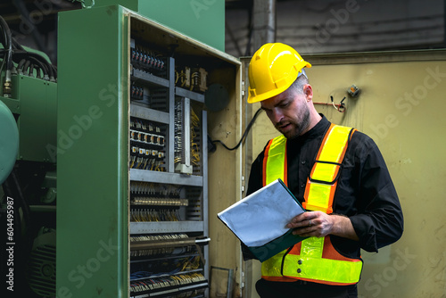Technician checking operation of control cabinet of production machinery in industrial factory. Technician checking operation of control cabinet of production machinery in industrial factory.
