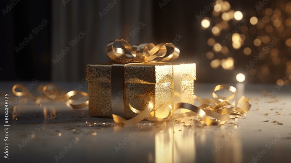 Gold Gift box on dark golden background with glitter lights blurred bokeh. Christmas and New Year surprise gift box. generative ai