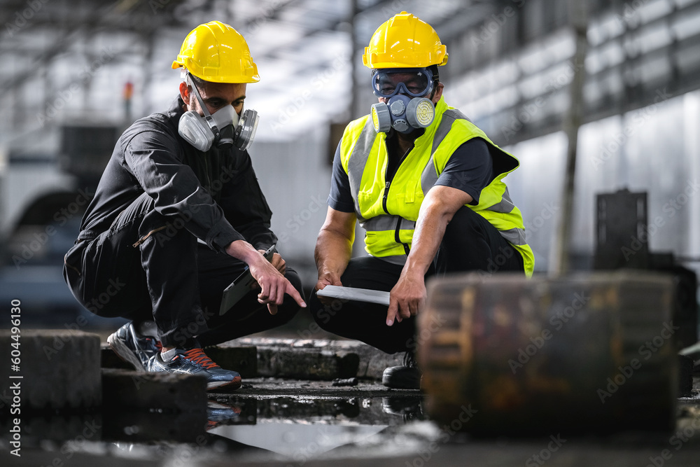 Two officers wearing gas masks inspected the area of a chemical leak in an industrial warehouse to assess the damage. Technicians wearing gas masks inspect and assess the recovery of toxic spills. - obrazy, fototapety, plakaty 