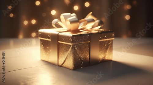 Gold Gift box on dark golden background with glitter lights blurred bokeh. Christmas and New Year surprise gift box. generative ai