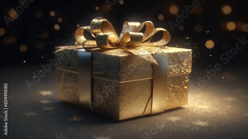 Gold Gift box on dark golden background with glitter lights blurred bokeh. Christmas and New Year surprise gift box. generative ai