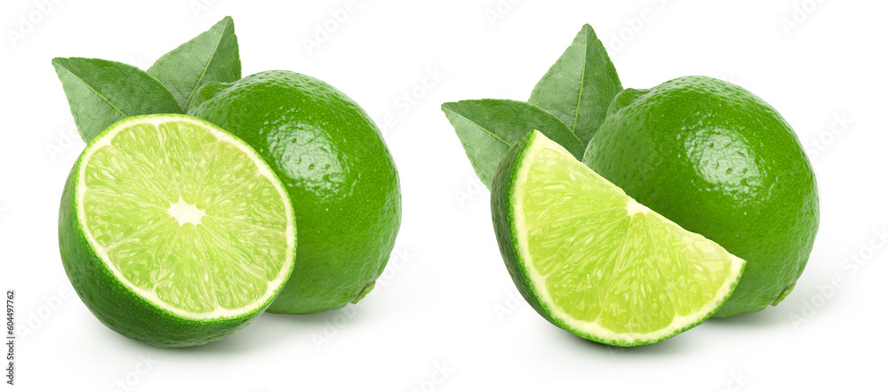 Natural fresh lime and half with green leaf isolated on a white background cut out
