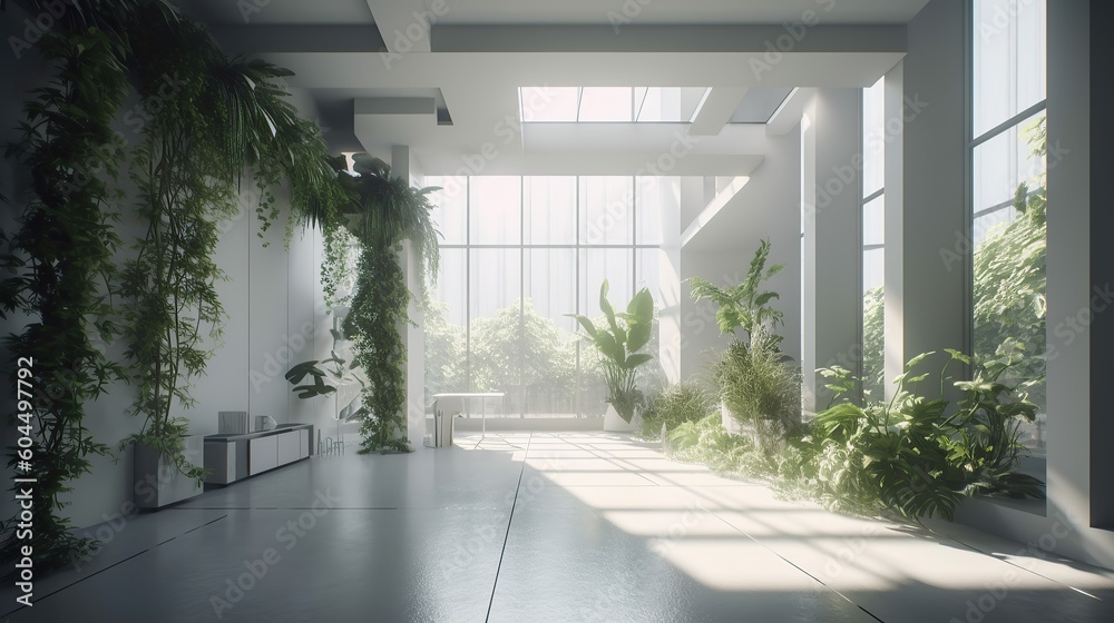 Fototapeta premium modern interior lobby of office building with green plants decoration. Created with Generative AI technology. 