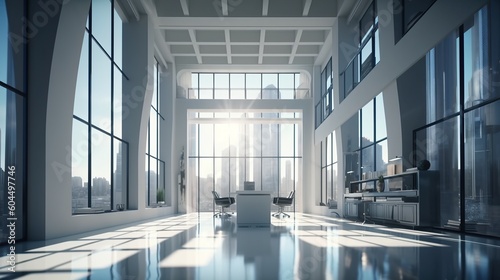 interior of modern office building with skyline cityscape outside the window. Created with Generative AI technology. 