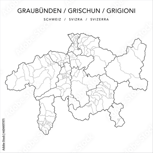 Vector Map of the Canton of the Grisons (Graubünden - Grischun - Grigioni) with the Administrative Borders of Regions, Municipalities and the Quarters of the City of Chur as of 2023 photo