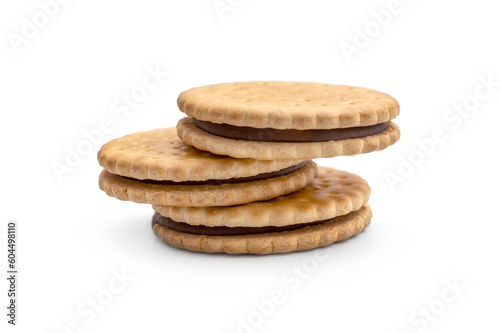 Sandwich cookies with chocolate. Isolated on white.