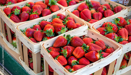 strawberries in a basket,  Strawberries in boxes, background, strawberry fruits in wooden box, Lots of baskets with fresh ripe strawberries for sale at farmers market closeup, Ai Generate 