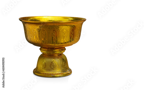 antique golden water dipper on phan on white background, object, vintage, retro, fashion, copy space
