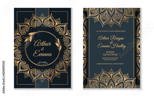 Luxury wedding invitation card with golden mandala ornament