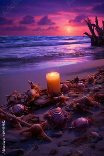 Romantic exotic beach with shells and sunset  sunset of purples and blues. AI generative