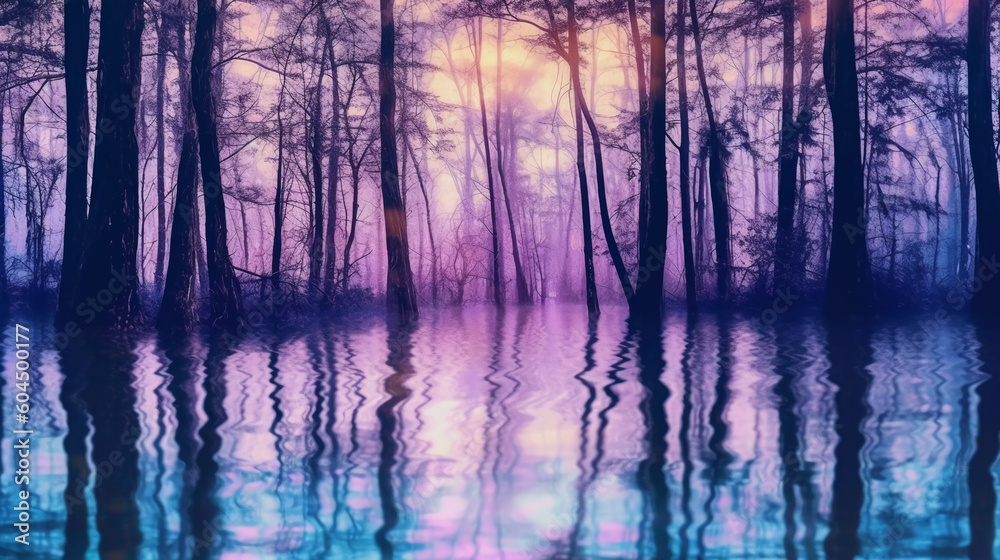 Trees in a forest with water on it, in the style of blur silhouette, with a blue purple tone. AI generative Trees in a forest with water on it, in the style of blur silhouette, with a blue purple tone. AI generative