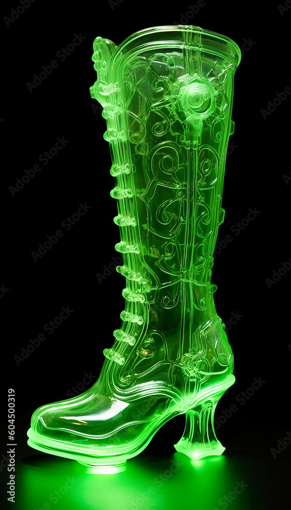 Uranium glass, boots, fashion black background. AI generative