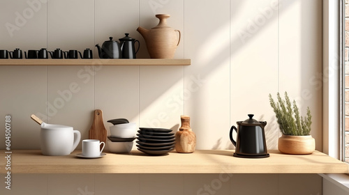 Empty space on modern beige kitchen countertop with black and beige kitchen set. Generative AI