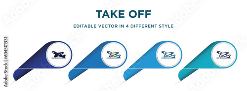 take off icon in 4 different styles such as filled, color, glyph, colorful, lineal color. set of vector for web, mobile, ui