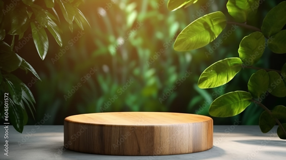 Teak wooden round smooth beautiful grain podium table. Generative AI Teak wooden round smooth beautiful grain podium table. Generative AI