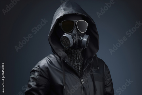 Unrecognizable stylish male model in glasses, gas mask and jacket with hood on dark. Modern creative post-apocalyptic fashion concept. Generative AI