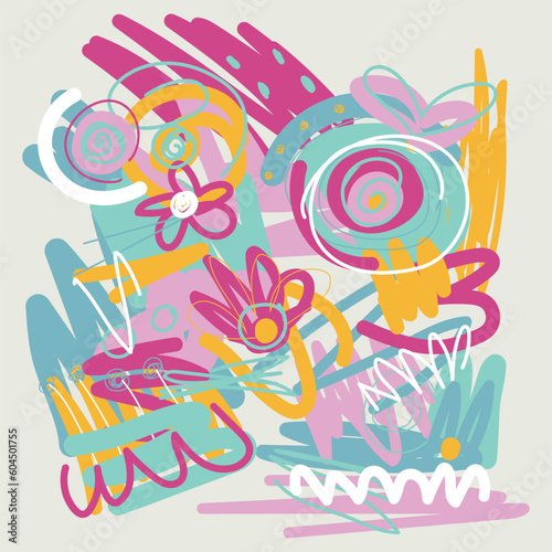 Abstract Art vector pattern. overlapping wavy shapes and lines. Scribbled hand drawn pastel colored background. Flat textile swatch.