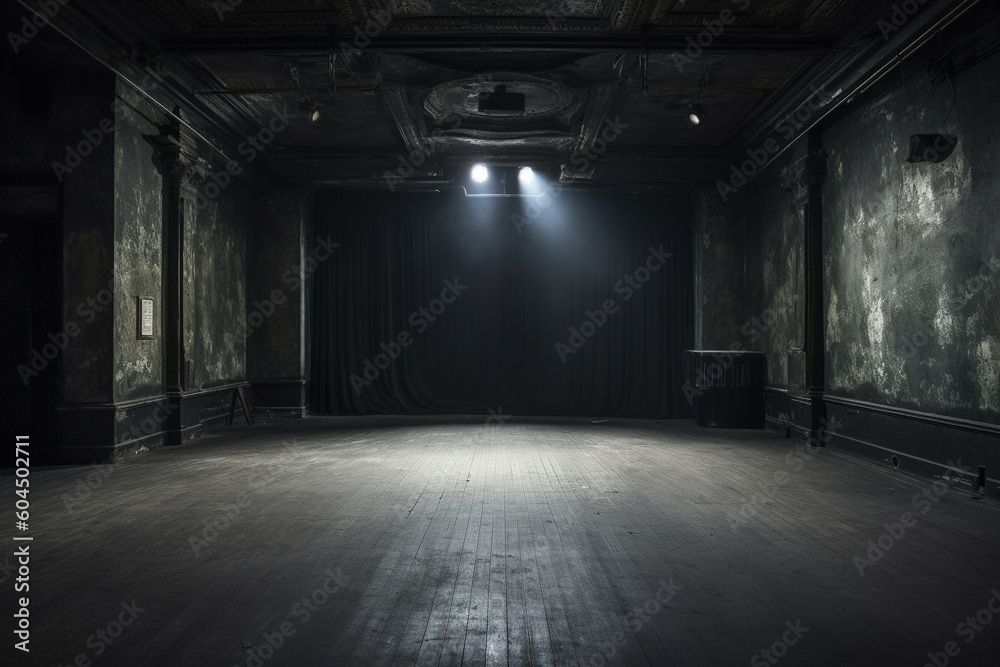 An empty stage in a dark room, an Empty space in a dark Studio room, Generative AI