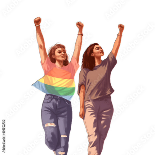 Two Women  They Raise Their Fist To The Air  One Wear Rainbow Tee Shirt  Concept of Pride Day  LGBTQ   Same-Sex Relationships and Homosexual Ai Generated