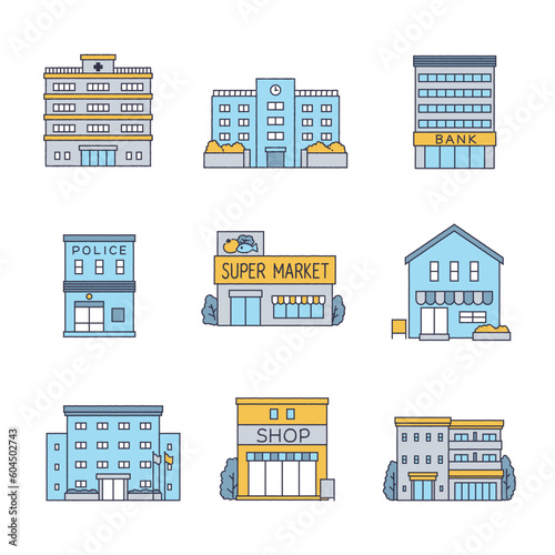 シンプルな街の建物のイラストセット