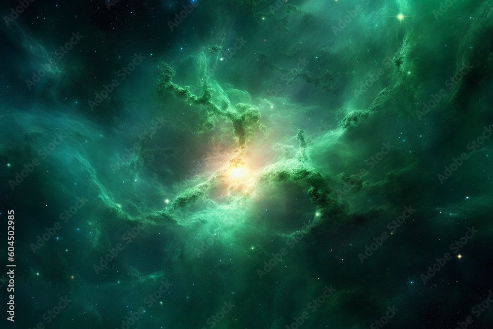 Fototapeta premium Green Universe Space Nebula, Cosmic background, Generative AI