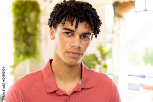 Close-up of biracial young man with dreadlocks looking at camera seriously at home, copy space