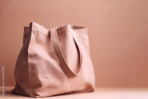 Cotton eco tote bag on a pink background with copy space. Photorealistic illustration generative AI.