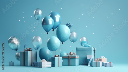 Balloons, gift boxes and confetti in blue tones with copy space. Photorealistic illustration generative AI.