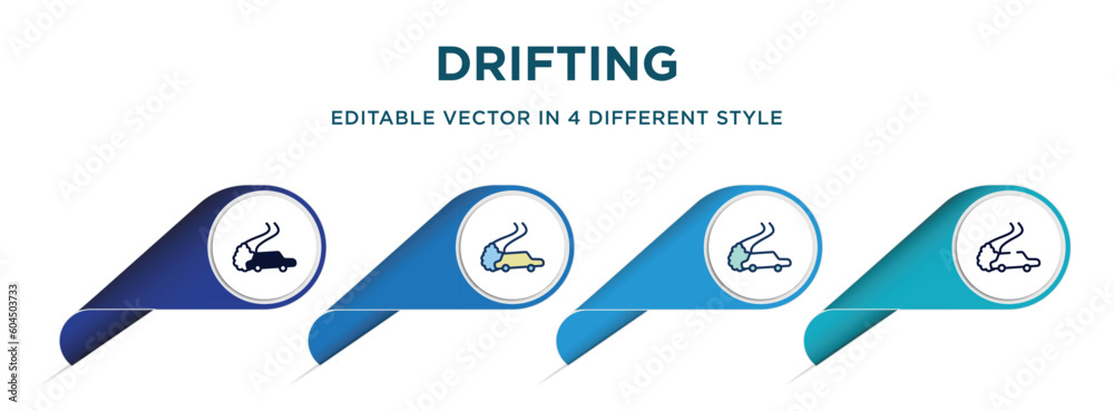 drifting icon in 4 different styles such as filled, color, glyph, colorful, lineal color. set of vector for web, mobile, ui